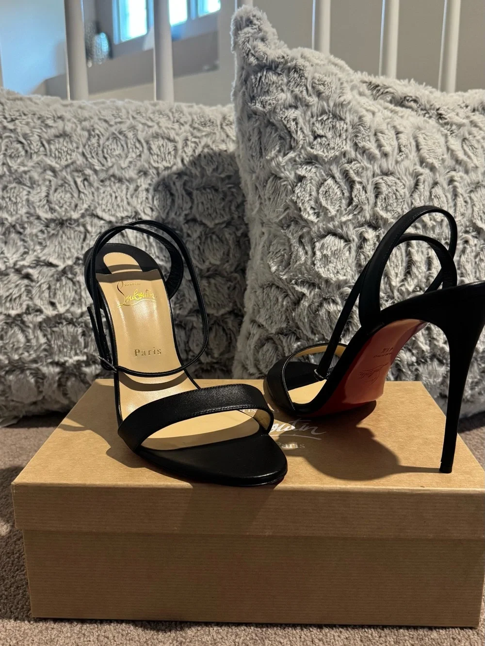 Christian Louboutin Black Patent Leather Strappy Slingback Heels with Red Soles